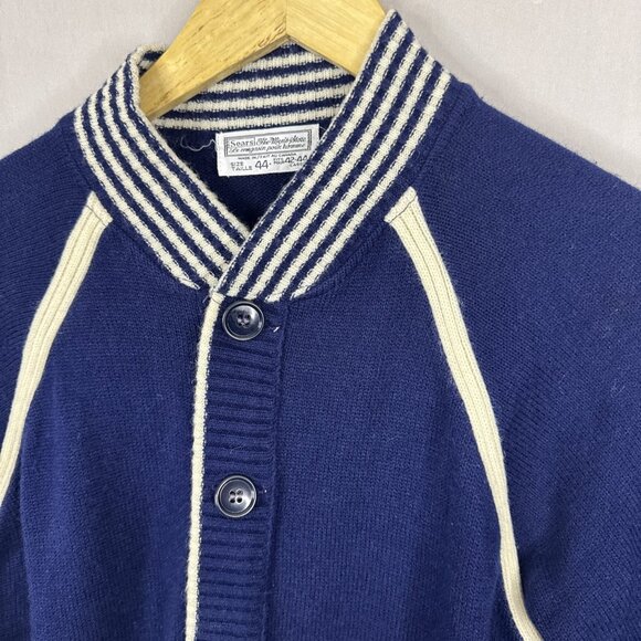 Vintage Sears Varsity Cardigan Navy Blue Striped Trim Button Front Men’s 44 - Picture 4 of 7